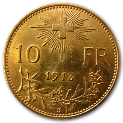 Schweiz 10 SFR Vreneli 1913 2,90g Gold Rückseite