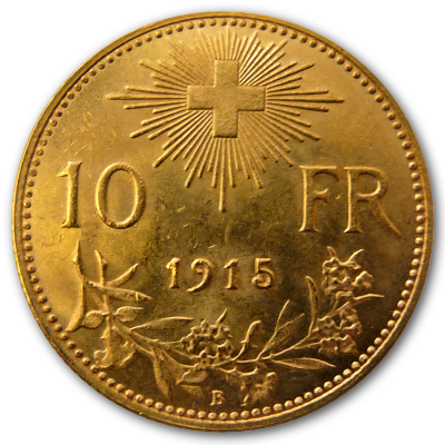 Schweiz 10 SFR Vreneli 1915 2,90g Gold Rückseite