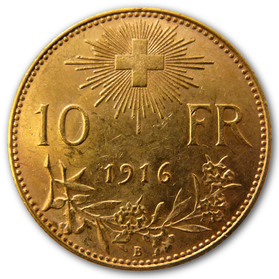 Schweiz 10 SFR Vreneli 1916 2,90g Gold Rückseite
