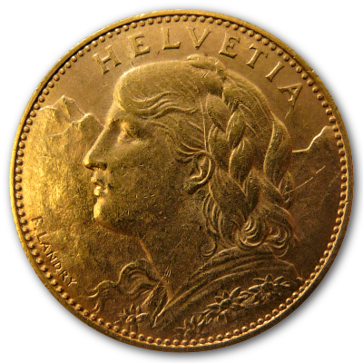 Schweiz 10 SFR Vreneli 1916 2,90g Gold Vorderseite