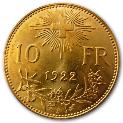 Schweiz 10 SFR Vreneli 1922 2,90g Gold Rückseite