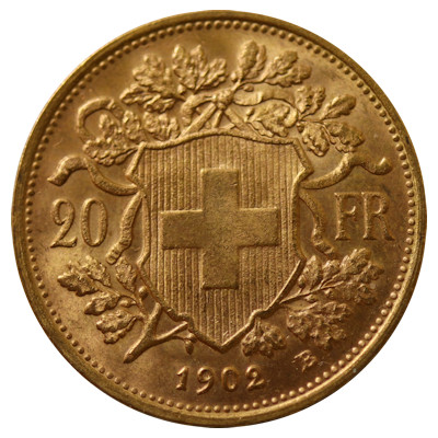 Schweiz 20 SFR Vreneli 1902 5,81g Gold Rückseite