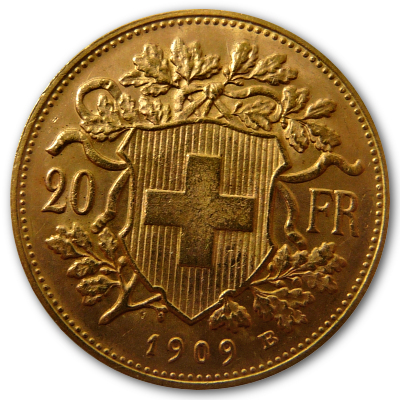Schweiz 20 SFR Vreneli 1909 5,81g Gold Rückseite