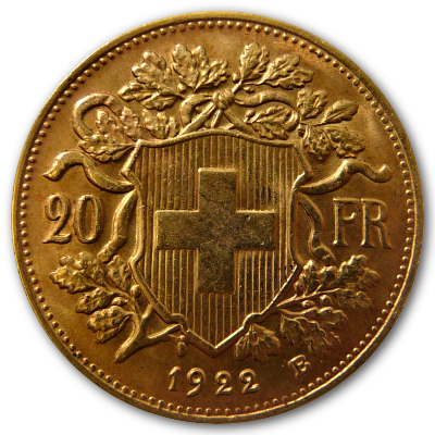 Schweiz 20 SFR Vreneli 1922 5,81g Gold Rückseite