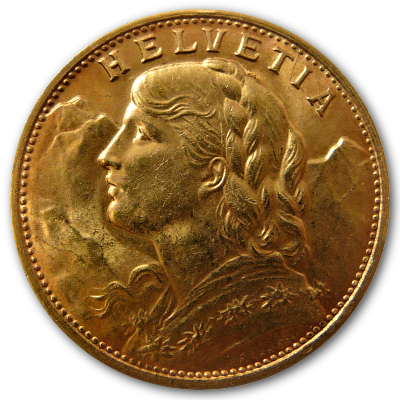 Schweiz 20 SFR Vreneli 1922 5,81g Gold Vorderseite