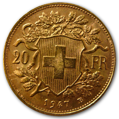 Schweiz 20 SFR Vreneli 1947 5,81g Gold Rückseite